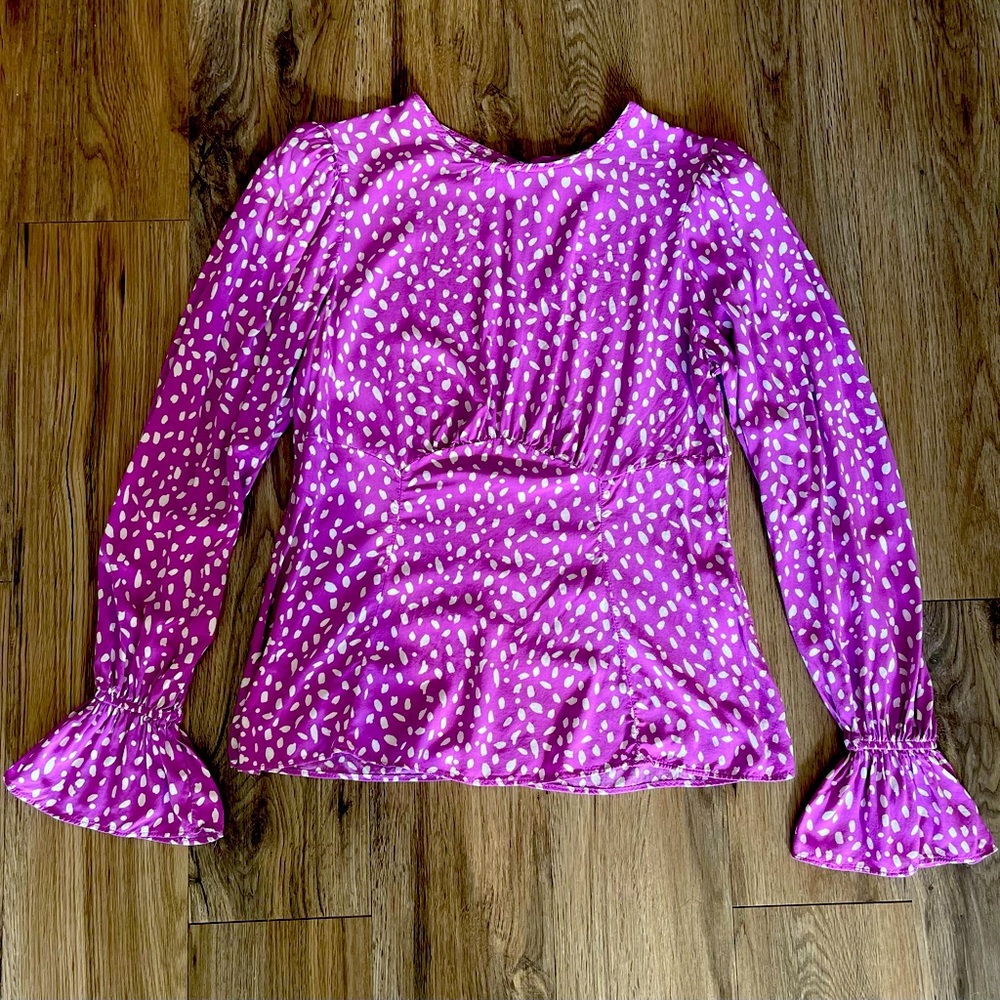 River Island purple spotted blouse with ruffle sleeve detail. Size 12 (UK)